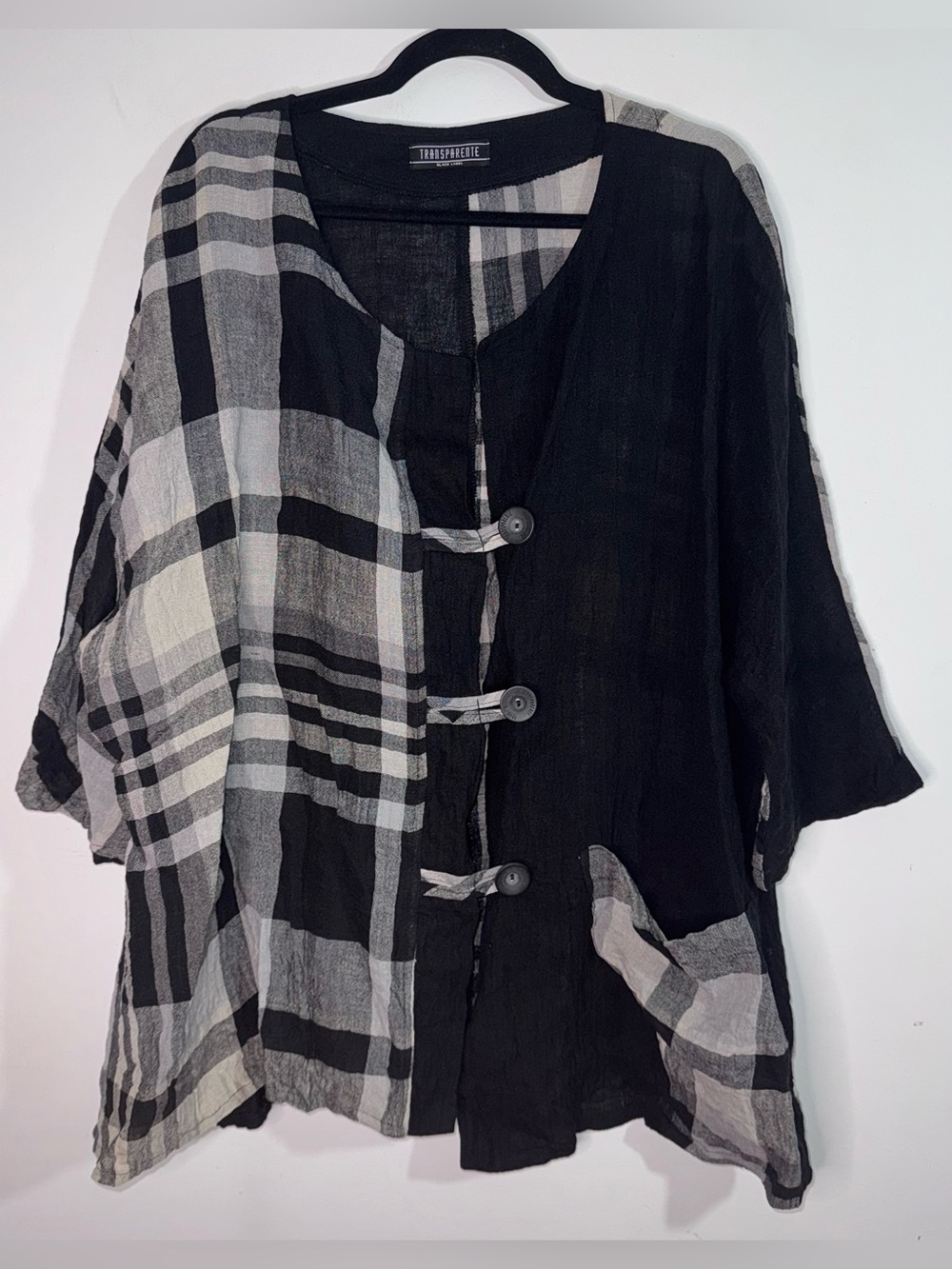 Transparente Black Label Gr 3 Linen Plaid Lagenlook Jacket Art to Wear Germany